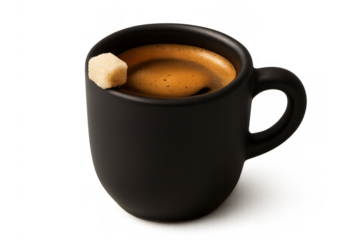 Black espresso coffee mug with frothy crema and brown sugar cube, stimulating morning energy drink