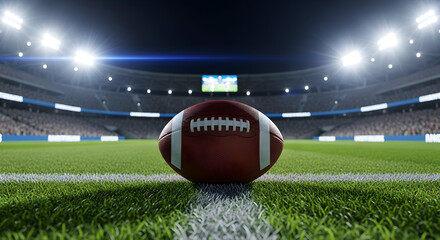 Football on turf in brightly lit stadium. Use for sports marketing athletic branding football event promotions and team advertising 20628692 1