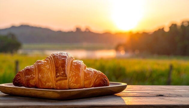 Golden, flaky pastry on a wooden plate, set against a blurred landscape with a sunlit field, lake, and mountains in the distance