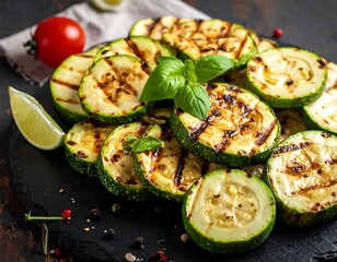 Close-up of grilled zucchini slices with basil garnish, tomato half, and lime wedge on a dark slate board