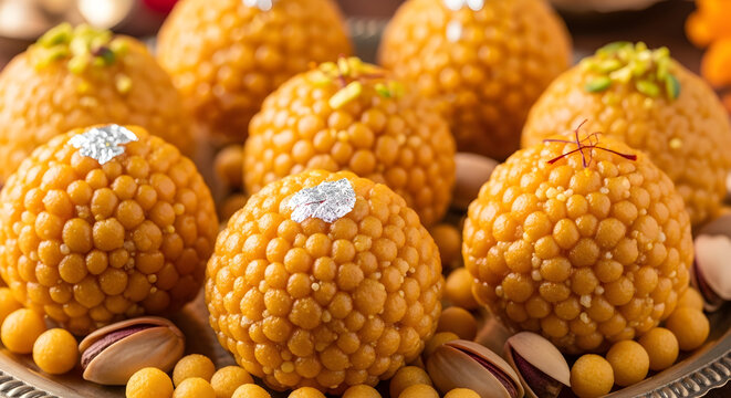 Indian sweet Motichoor laddoo is also known as Bundi Laddu or Motichur Laddoo which originated from very small Gram flour balls or Boondis which are deep fried.ai generative 81583585 1