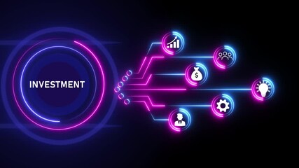 Investment concept with glowing red network and icons on black background Keywords: investment, finance, money, business, growth, profit, return, capital, asset, portfolio, trading, market - Powered by Adobe