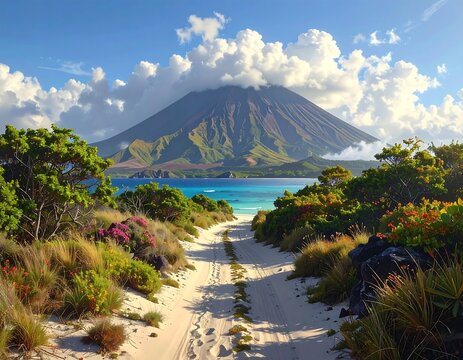 Breathtaking View of Mount Mayon and Albay Gulf from a Sandy Path in the Philippines