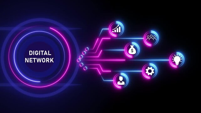 Neon blue glowing circle with text DIGITAL NETWORK and connected digital icons on black background