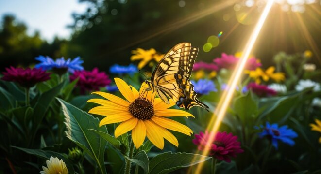 A beautiful yellow butterfly rests on a bright yellow flower in a garden with colorful flowers and sunlight