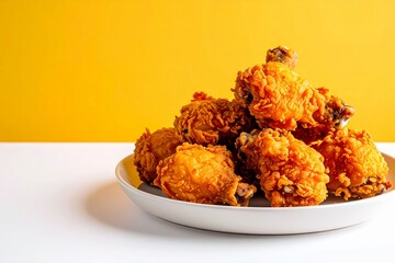 Fried Chicken Plate with Crispy Pieces Isolated on White Background