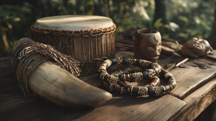Close-up shot of ceremonial artifacts drum, boar tusk, and beaded bracelet, symbolizing the cultural richness and spiritual practices of the Afan National Festival, Nigeria