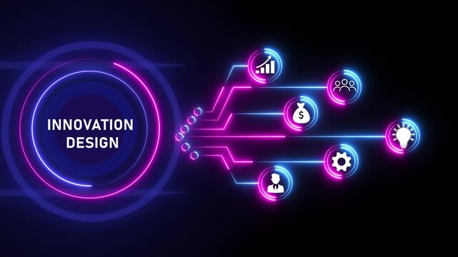 Innovation Design Concept with Glowing Red Icons and Network Lines on Black Background technology business