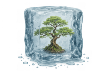 Bonsai tree frozen in clear ice cube representing climate change, environmental protection, and preservation