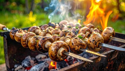 Close-up of mushrooms grilling on metal skewers over hot coals and flames, outdoor setting with greenery in background