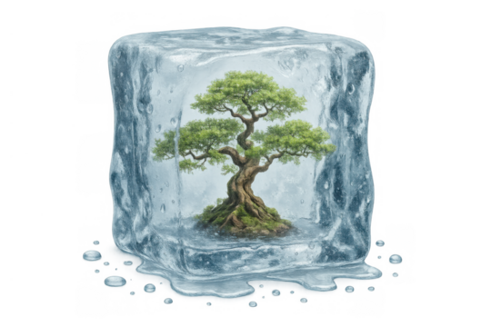 Bonsai tree frozen in clear ice cube representing climate change, environmental protection, and preservation