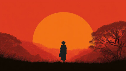Fototapeta premium Silhouette of person stands against vibrant orange sunset, surrounded by trees and grass, creating serene and contemplative atmosphere