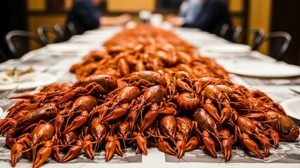 A large pile of crawfish on a table ready to eat.