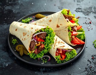 Close-up of three filled tortilla wraps on a dark plate, showing meat, fresh vegetables, and pickles