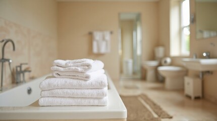 Clean Bright Bathroom with White Towels on Bathtub and Modern Fixtures