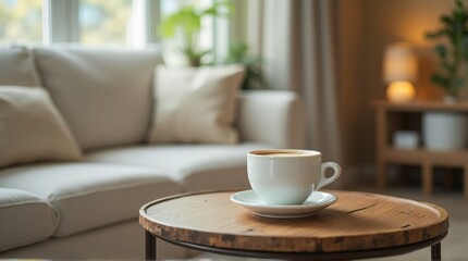 Cozy Living Room with Cream Sofa and Wooden Coffee Table Featuring a White Coffee Cup
