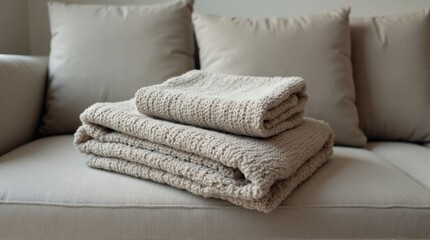 Cream Cozy Knitted Blankets Folded on Light Gray Sofa in Modern Living Room