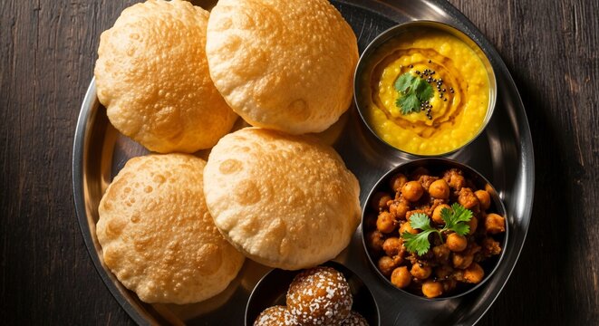 Authentic Indian Breakfast Puri Bhaji Chole Bhature Delicious Food Thali Traditional Cuisine