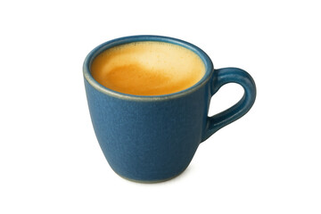Naklejka premium Blue ceramic mug presenting hot espresso coffee, a popular caffeine drink with creamy foam isolated for easy use