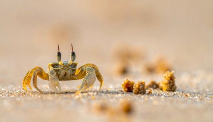 A close-up shot of a small, yellow crab on a sandy beach, with focus on its eyes and claws. Blurry sand piles are behind