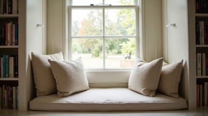 Cozy Window Seat with Four Beige Cushions in Bright Sunlit Room