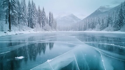 Snowfall Overlay Christmas Celebration in a Cozy Winter Wonderland, Frozen Lake Scene, Snow-Covered Trees, Serene Mountain View with a Snowy Landscape