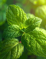 Close-up of vibrant green plant leaves, dew drops catching the light, with textured surfaces and blurred background