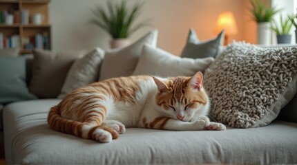 Orange and White Cat Sleeping on Couch in Cozy Living Room with Potted Plants and Soft Lighting