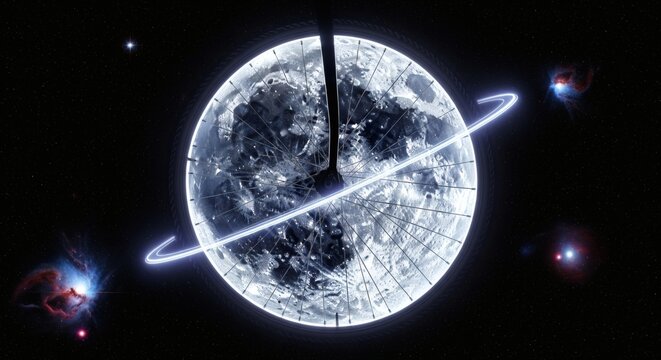 Bicycle wheel transforming perfectly into a glowing cosmic moon suspended in vast outer space, rendered with photoreal surrealism. Technology and Fantasy concept