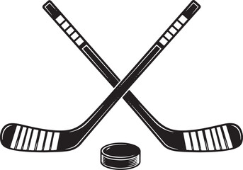 Crossed Hockey Sticks and Puck Silhouette with Striped Blades ice hockey