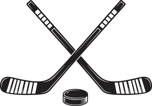 Crossed Hockey Sticks and Puck Silhouette with Striped Blades ice hockey