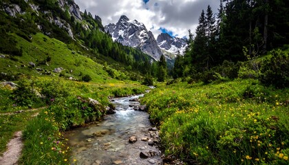 A vibrant, expansive view of a mountain valley with a flowing stream, green meadows, and snow-capped peaks under a cloudy sky