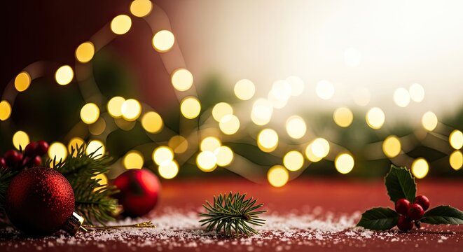 Christmas decorations with red baubles and holly berries on a red tablecloth with a blurred background of fairy lights. - Powered by Adobe