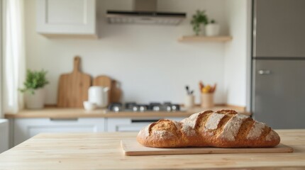 Fresh Baked Loaf of Bread on Wooden Cutting Board in Modern Kitchen