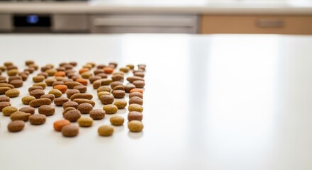 A white countertop with a variety of dog food in different colors and sizes.