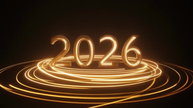 Luminous gold numbers for the year 2026 surrounded by dynamic, swirling light streaks in a futuristic design