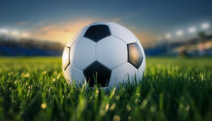 Soccer ball on green grass with stadium and sunset in background.