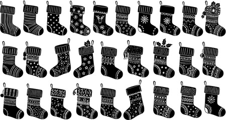 Festive Black and White Christmas Stockings Seamless Pattern - Hand-Drawn Holiday Socks Collection for Winter Designs and Backgrounds