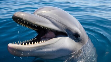 Close-up of a Dolphin with Open Mouth in Ocean.
