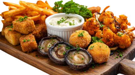 A delicious platter featuring various fried snacks and dips. or transparent background
