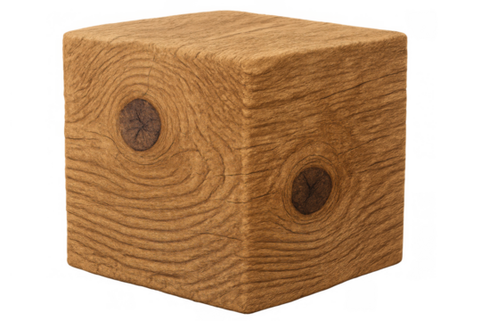 Wooden block displaying natural wood grain textures and knots on multiple surfaces, isolated on a transparent background