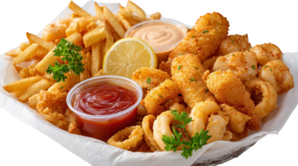 Delicious seafood platter with crispy fries and sauces. or transparent background
