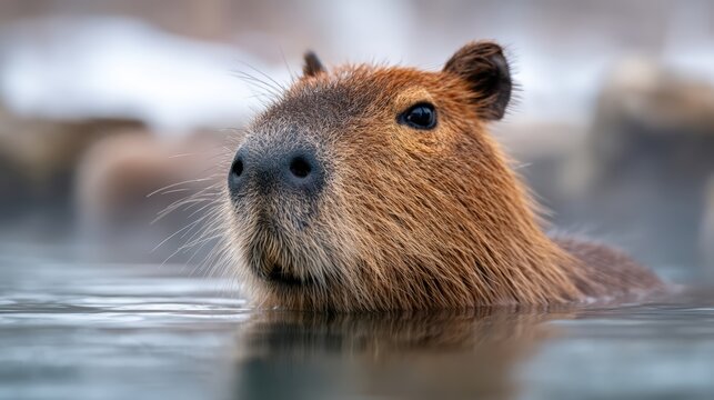 A close-up of a capybara swimming in calm water, showcasing its distinctive features and serene expression.
