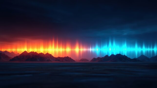 A vibrant digital landscape with colorful sound waves rising above a mountainous horizon during twilight. - Powered by Adobe