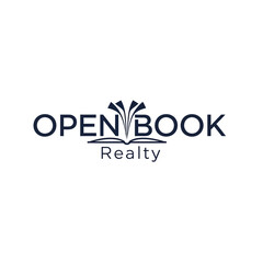 Fototapeta premium Open Book Realty logo with stylized book and fountain graphic.