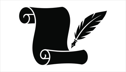 Black silhouette of a rolled scroll parchment and a quill pen on a white background writing