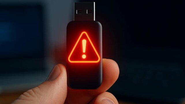 USB Drive Alert Highlighting Cybersecurity Risks of Data Breaches, Malware, and Importance of Effective Hacking Prevention
