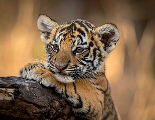 Fototapeta premium Close-up of a tiger cub, resting paws on a log. It gazes ahead with attentive eyes against a blurred background