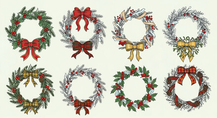 Charming collection of hand-drawn Christmas wreaths with festive bows and berries, perfect for holiday greetings and seasonal designs