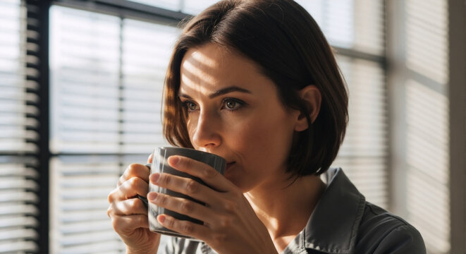 Quiet morning moment — woman enjoying coffee by window, thoughtful expression, natural light effects